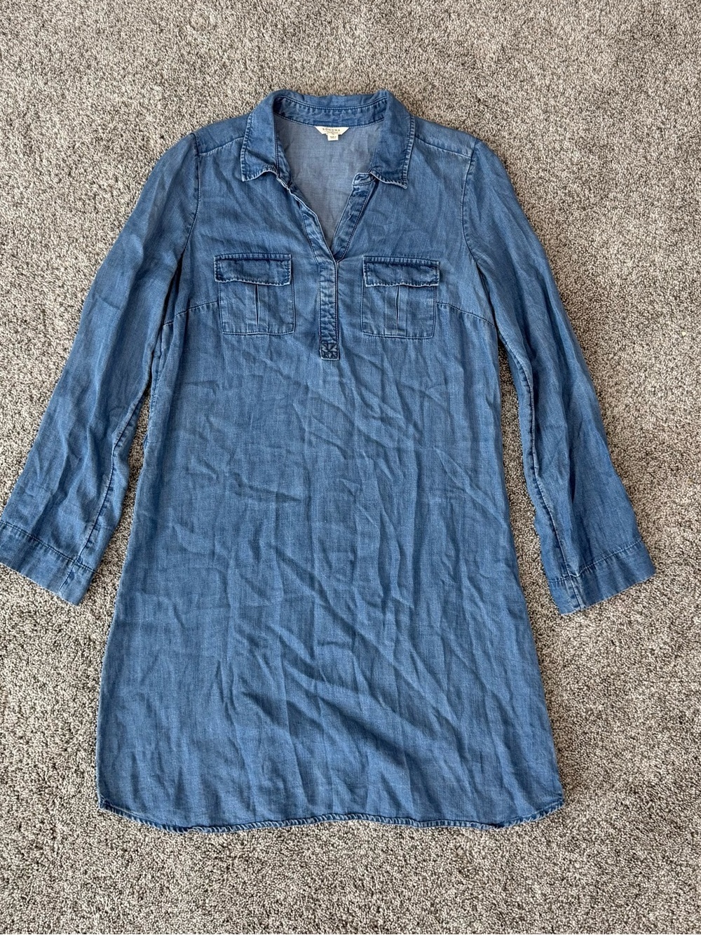 Sonoma Blue Chambray Shirt Dress Short Casual Missing Belt Roll Sleeve Women’s S
